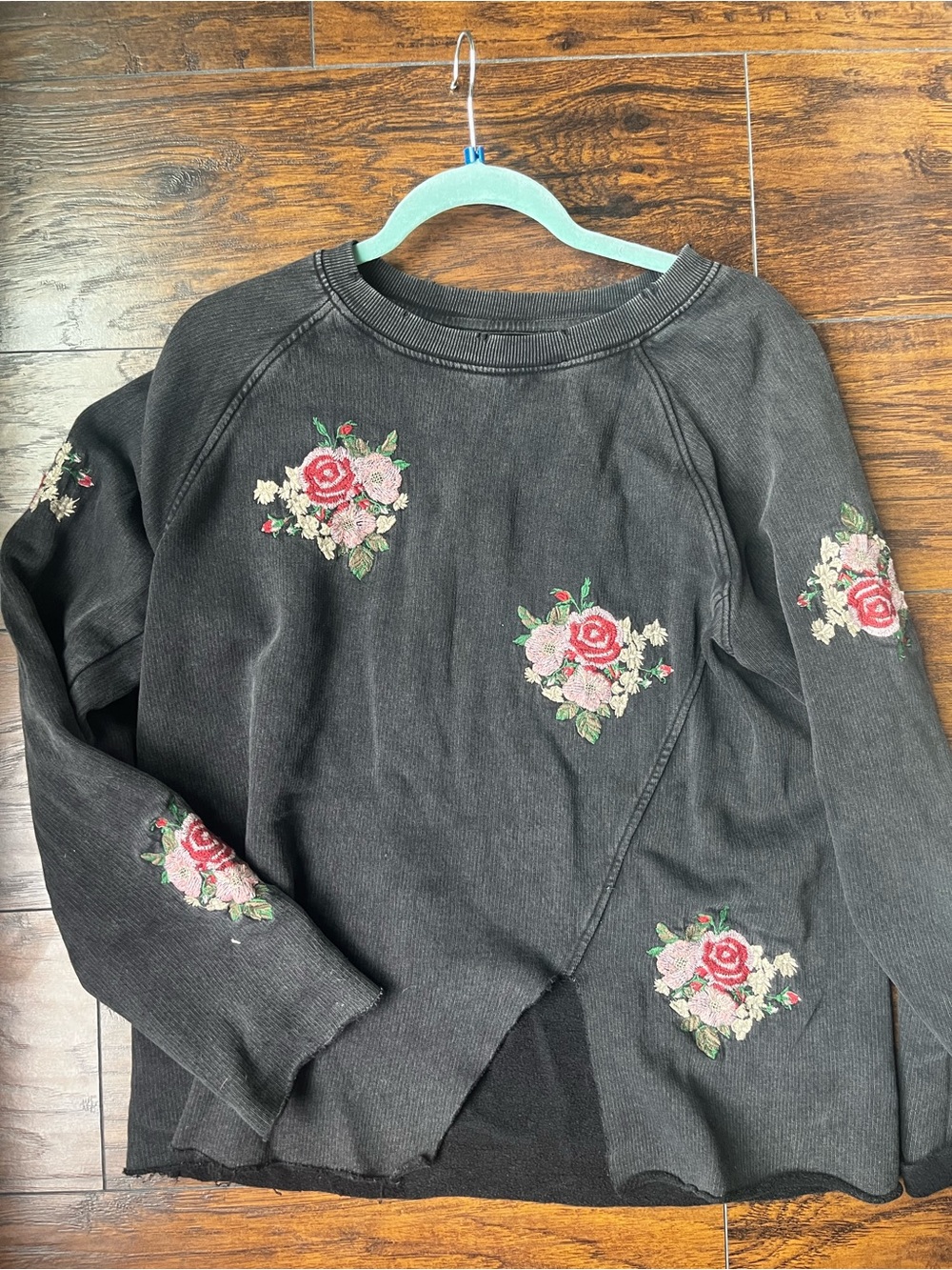 Lucky Brand Black Sweatshirt with Pink & Red Rose Embroidery